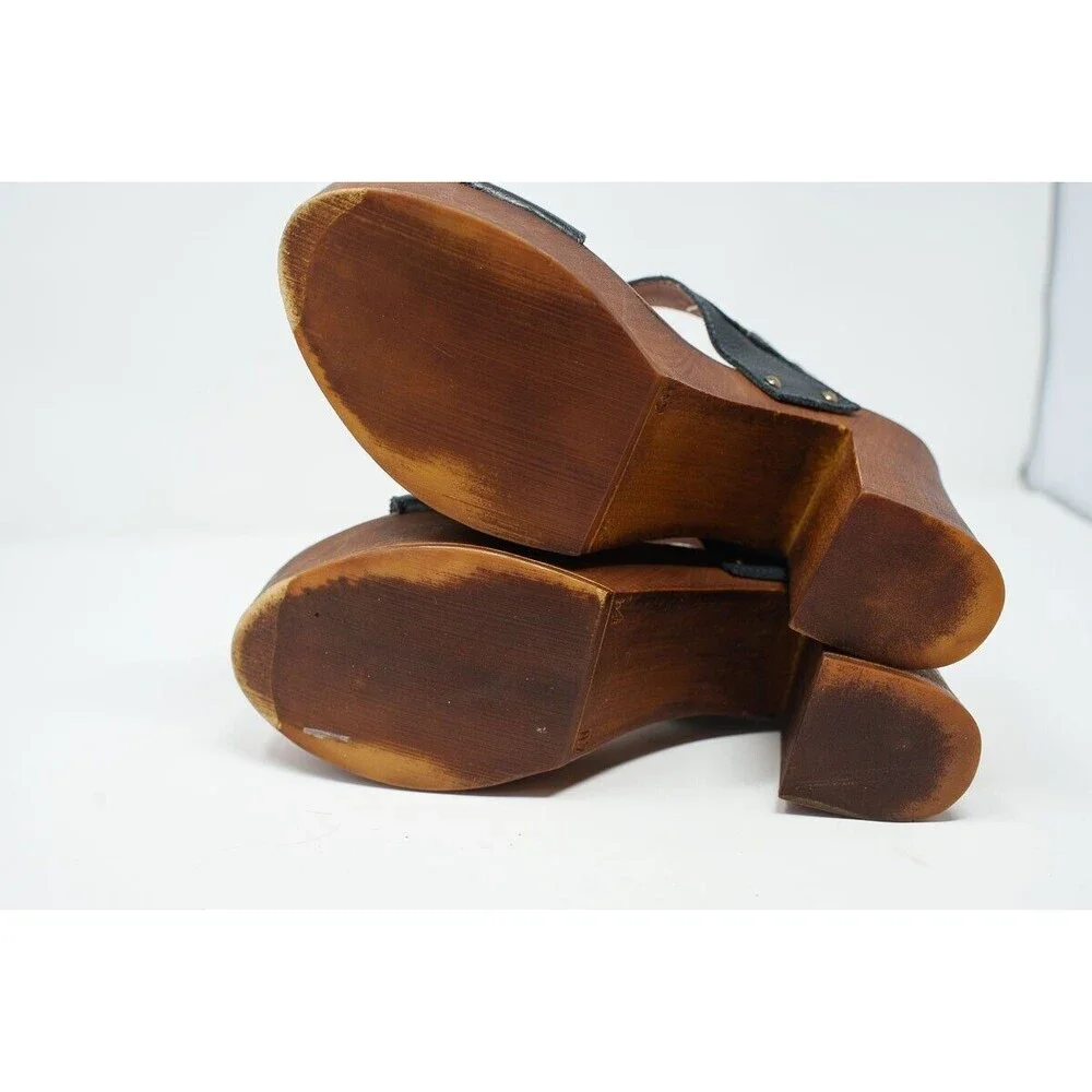 MUSSE & CLOUD 40 US9 Leiza Black Leather Sandals Wood Heel & Platform SPAIN - Picture 7 of 14